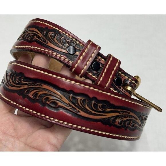 Tex Tan Tooled Leather Belt Size 30 Harness Cowhide VTG Unisex Southwestern Red - Picture 1 of 15